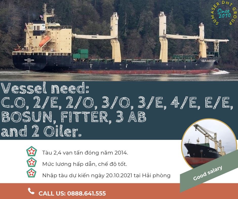 Tuyển thuyền viên cho tàu hàng 2,4 vạn nhập tàu tại Hải phòng ngày 20/10/2021