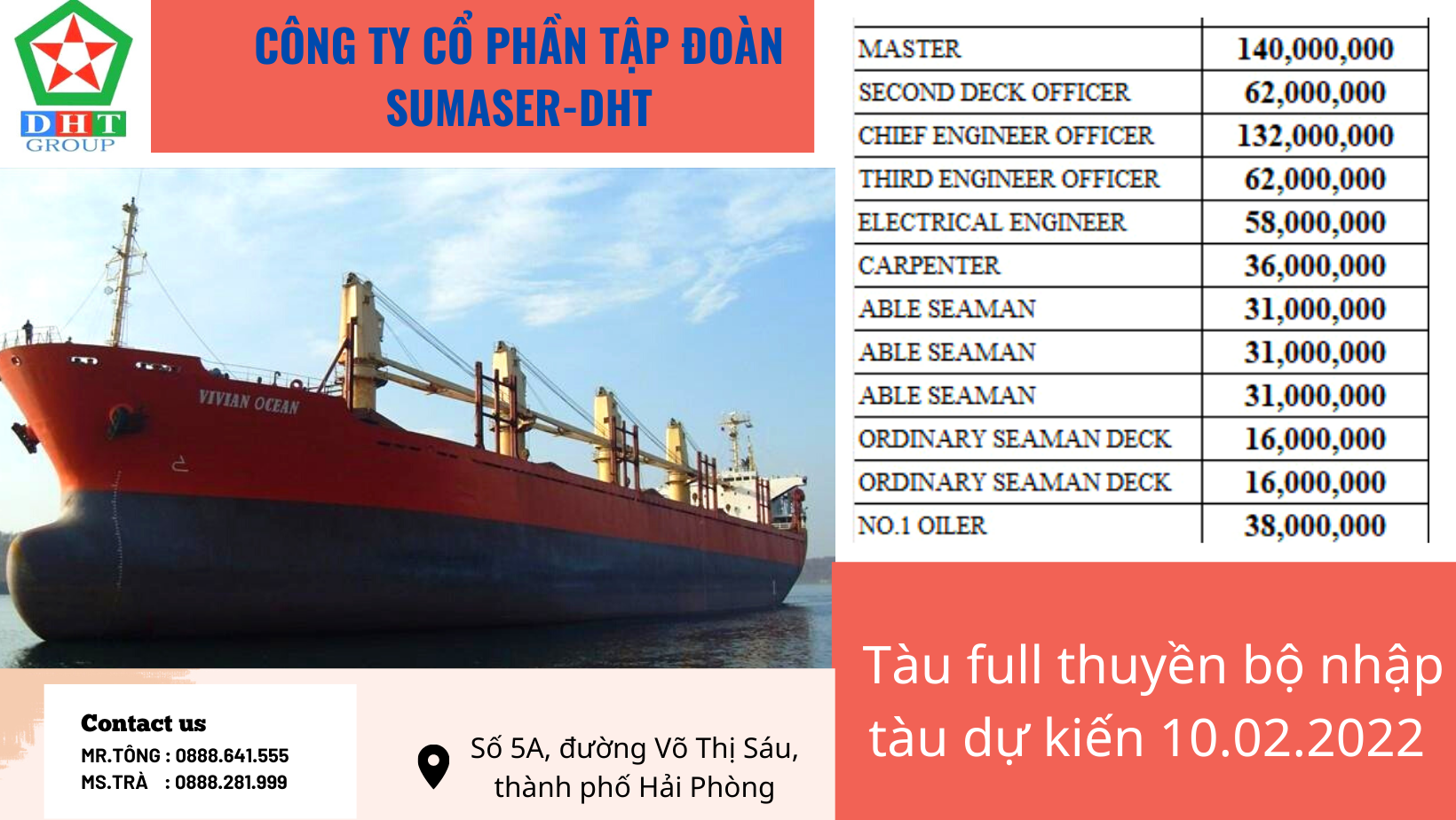 Tàu 2 vạn 9, 21 thuyền viên Việt Nam (Full thuyền bộ) cần bổ xung 14 thuyền viên hết hợp đồng.